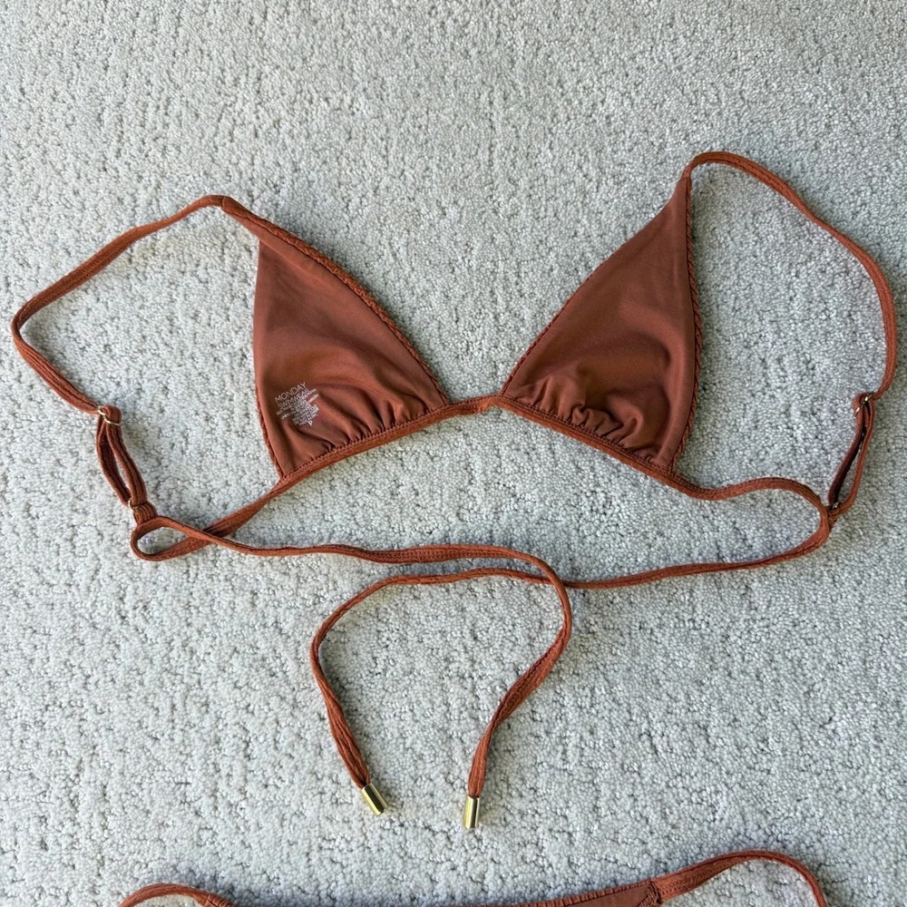 Monday Swimwear Bikini Set Women P/M Rust Brown Crinkle Triangle High Leg 12073